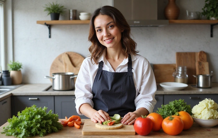 Una donna sorridente che prepara un pasto sano e colorato in una cucina moderna e luminosa, con ingredienti freschi sul bancone.
