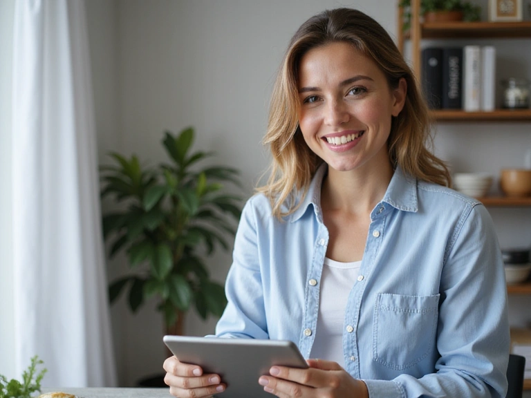 Donna che fa una videochiamata di consulenza nutrizionale online, sorridente e rilassata.